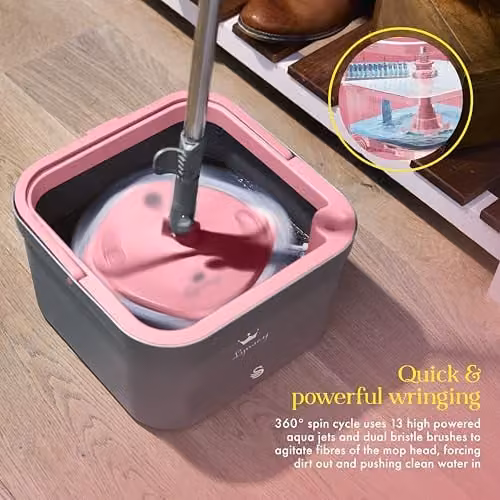 Swan x Lynsey TV Queen of Clean Turbo Spin Mop with Clean and Dirty Water Separation, 2 Washable Microfibre Pads and Collapsible Handle, Pink and Grey, SWFC1002QOCN – 3