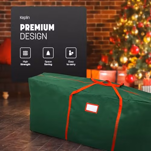 Keplin Christmas Tree and Wrapping Paper Storage Bag in Green, XL Foldable Heavy Duty Fabric Organizer with Handles – 3