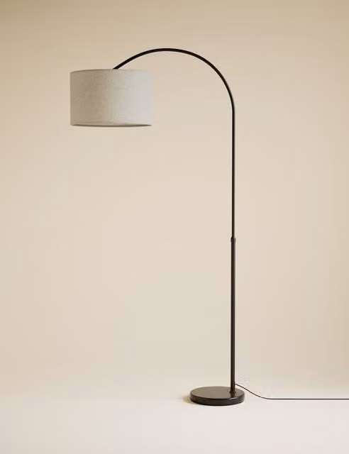 M&S Modern Adjustable Black Arc Floor Lamp with Marble Base and Fabric Shade