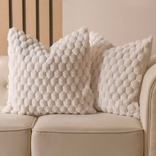 OHS Pack of 2 Waffle Faux Fur Filled Scatter Cushions with Removable Covers, Cream, W/D/H: 45 x 45 x 45 cm – 2
