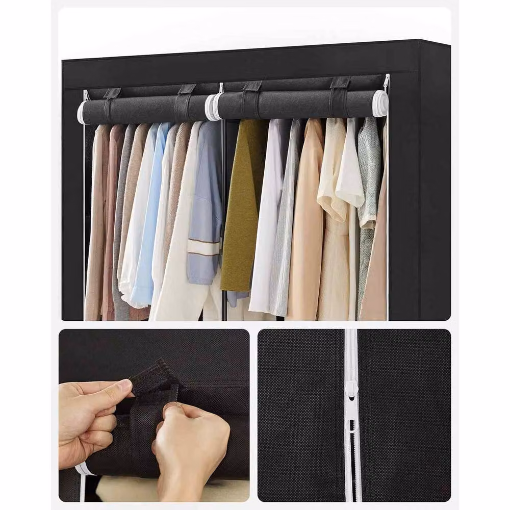 The Bazaarist Portable Fabric Wardrobe with 3 Hanging Rails, Black – 5