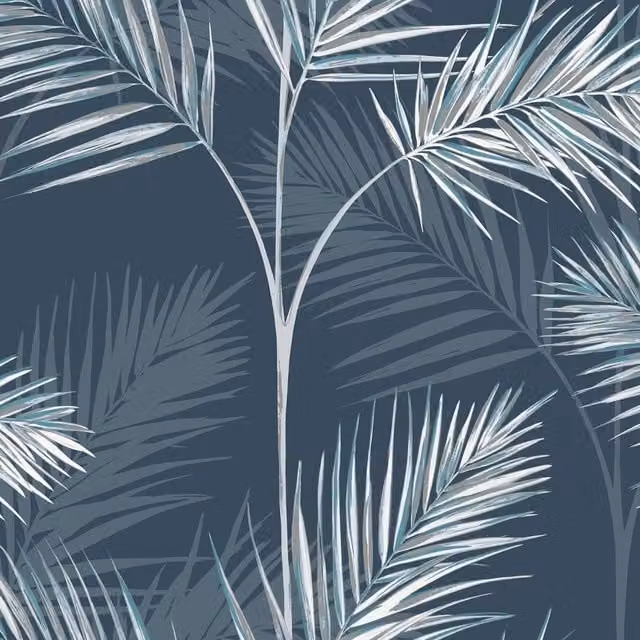 Fine Décor South Beach Palm Leaf Botanical Wallpaper in Blue