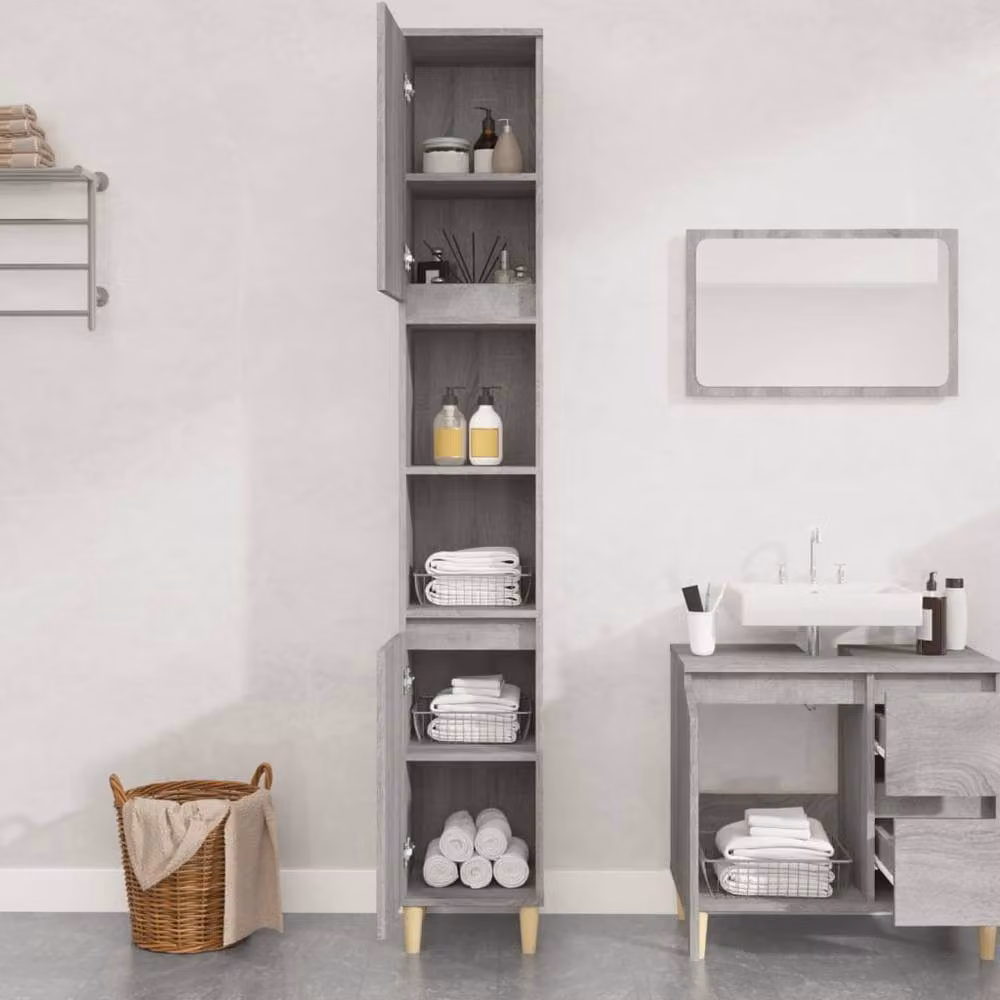 Berkfield Home Grey Sonoma Bathroom Cabinet with Hinged Doors and Open Shelf, W/D/H: 30 x 30 x 190 cm – 2