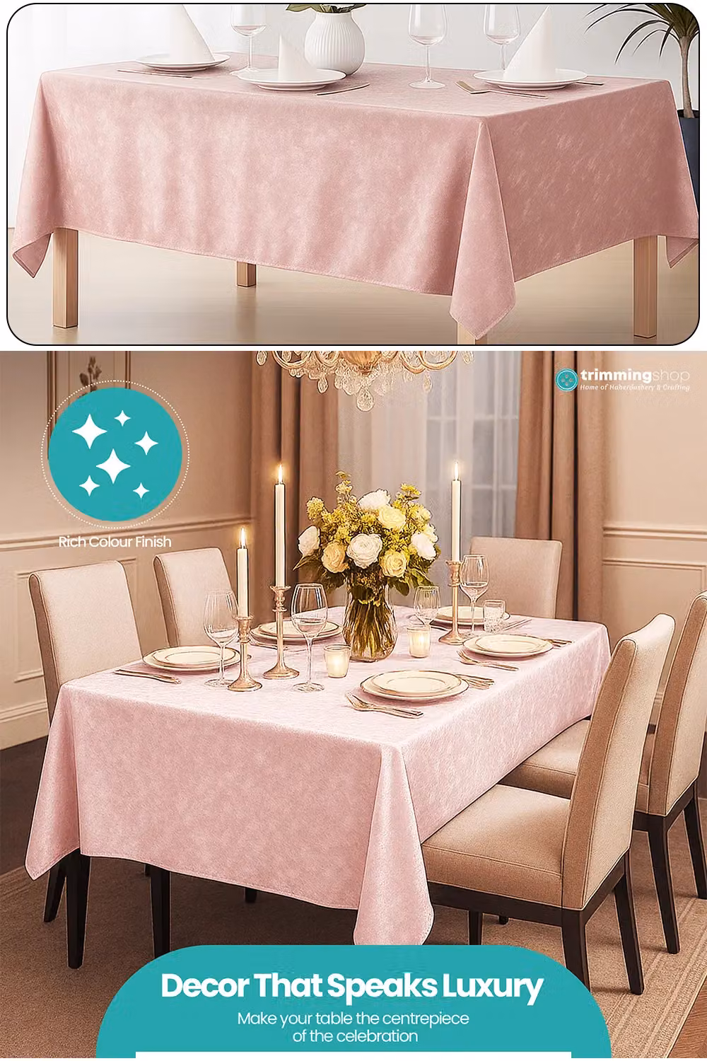Neel Blue Diamond Velvet Rectangular Tablecloth in Pale Pink – 2