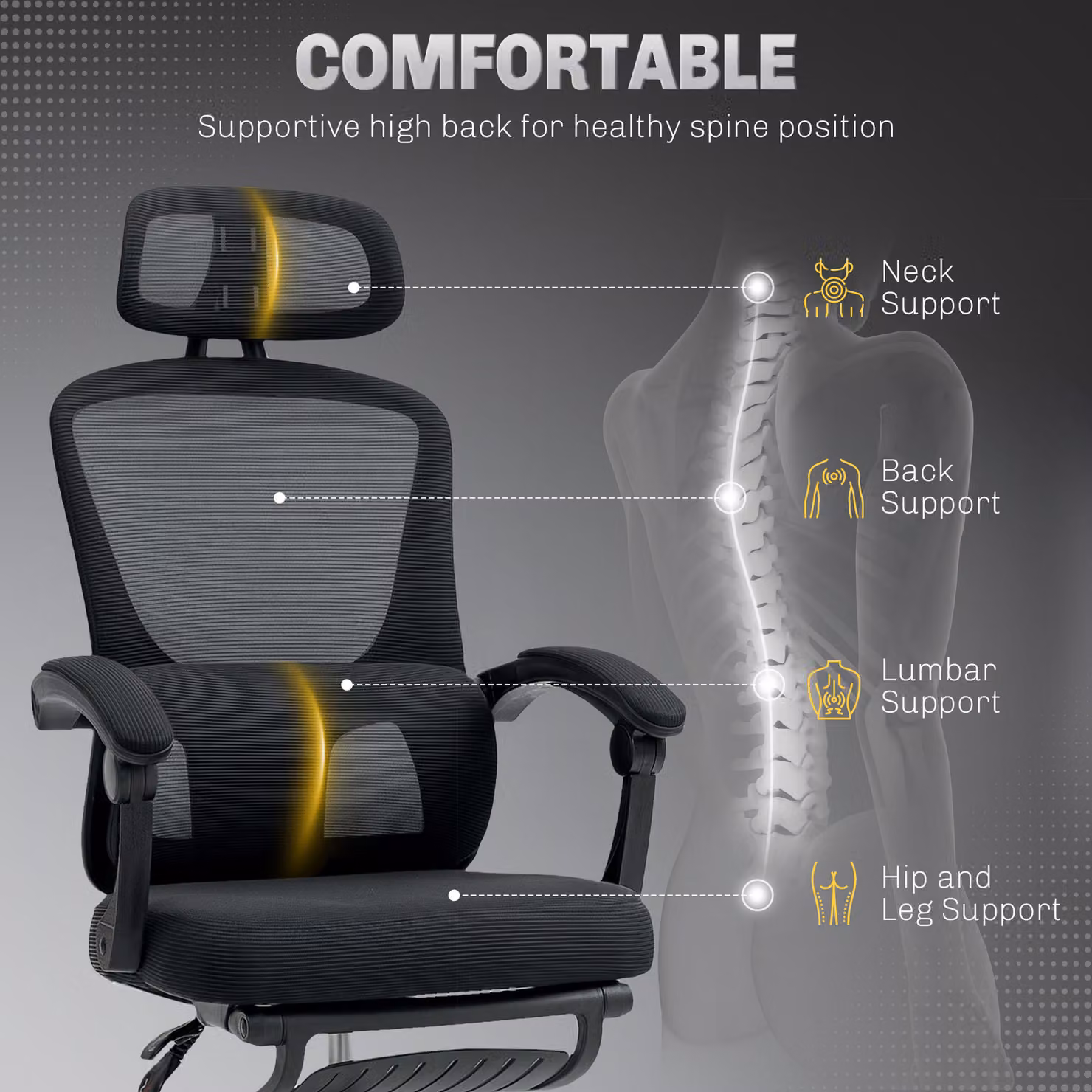HOMCOM Ergonomic Black Fabric Office Chair with Headrest, Armrests and Height Adjustment – 4