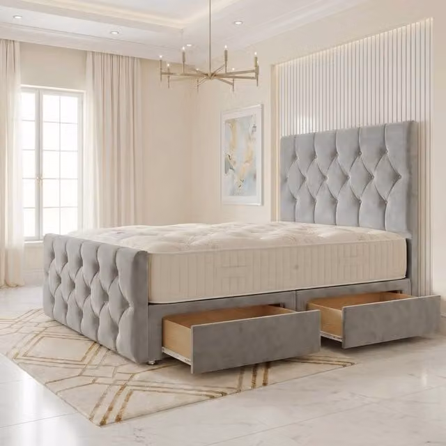 Somnior Ziggy Silver Velvet Divan Bed with 2 Drawers, Headboard and Footboard, W/D/H: 120 x 200 cm