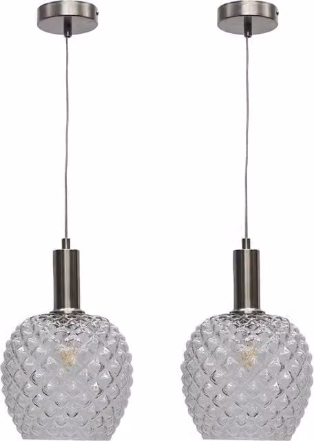First Choice Lighting Baine Set of 2 Deco Pendants in Silver and Transparent Glass