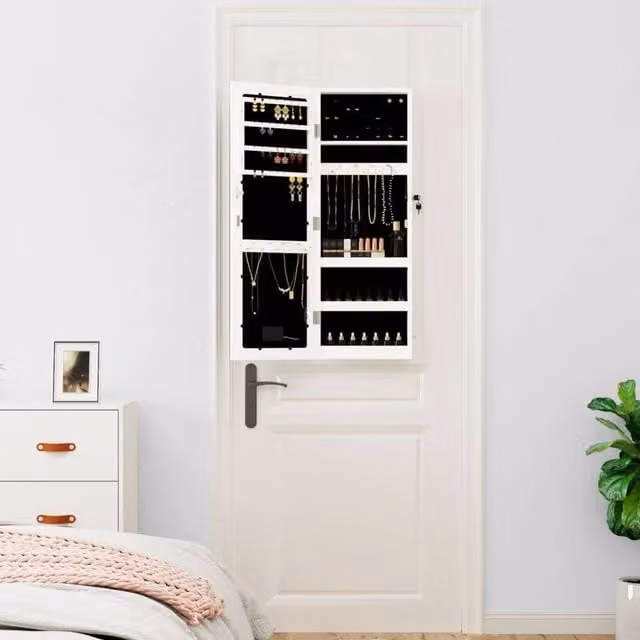 Berkfield Home Mirror Jewellery Cabinet with LED Lights, Wall Mounted, White, H 90.0 x W 31.5 x D 9.0 cm