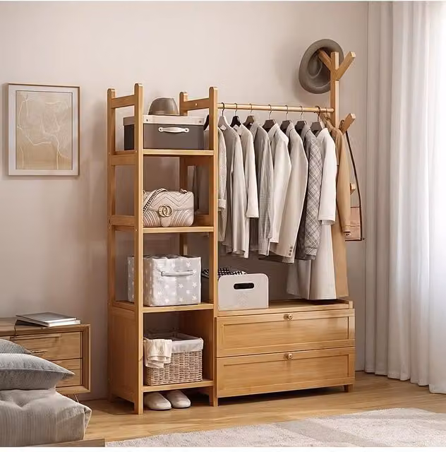 Living and Home Bamboo Freestanding Clothes Rack with Storage Shelves in Natural Brown – 1