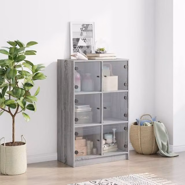Berkfield Home Highboard with Glass Doors in Grey Sonoma, W/D/H: 68 x 37 x 109 cm