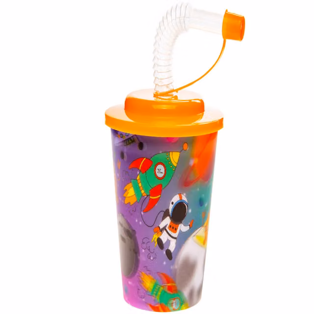 LG-Imports Pack of 12 Space Theme 3D Tumblers with Straw and Leakproof Lid, White and Multicolour, 250 ml