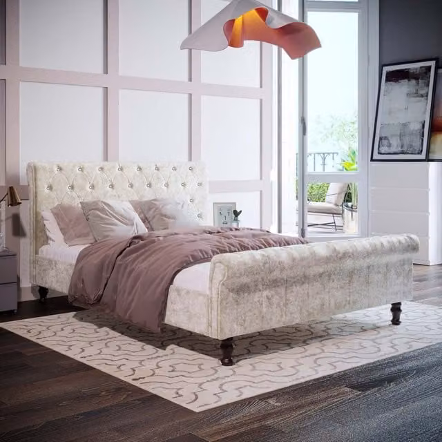 Vida Designs Violetta Upholstered Fabric Bed in Champagne Crushed Velvet