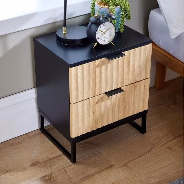 Home Source Hempton 2 Drawer Bedside Table in Sand and Black