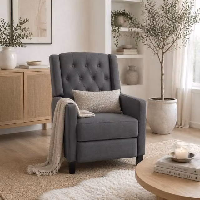 Wyld Haus Lino Microfibre Button Tufted Wingback Recliner Armchair in Grey – 1