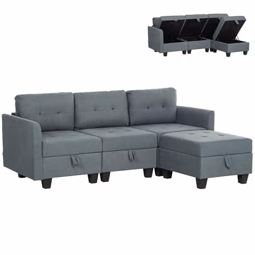 HOMCOM Convertible Modular L-Shape Sectional Sofa with Storage and Sleeping Function, Grey Fabric Upholstery with Solid Wood Frame