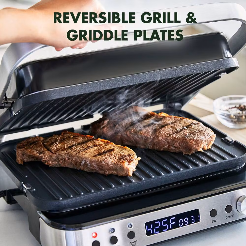 GreenPan Bistro 6-in-1 Contact Grill and Griddle with Silver Ceramic Non-Stick Coating – 6