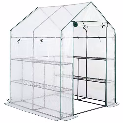 AMOS 3-Tier Portable Outdoor Walk-In Greenhouse with 8 Shelves and Waterproof PE Cover, White, H x W x D: 195 x 143 x 143 cm