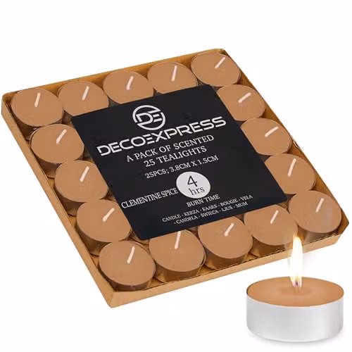 Deco Express Clementine Spice Scented Tealight Candles, 25 Pack, Beige – 1