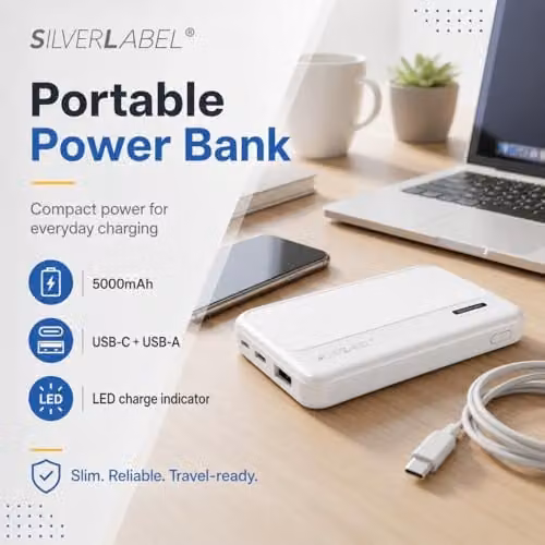 SilverLabel 5,000mAh Portable Power Bank with USB Output, White – 2