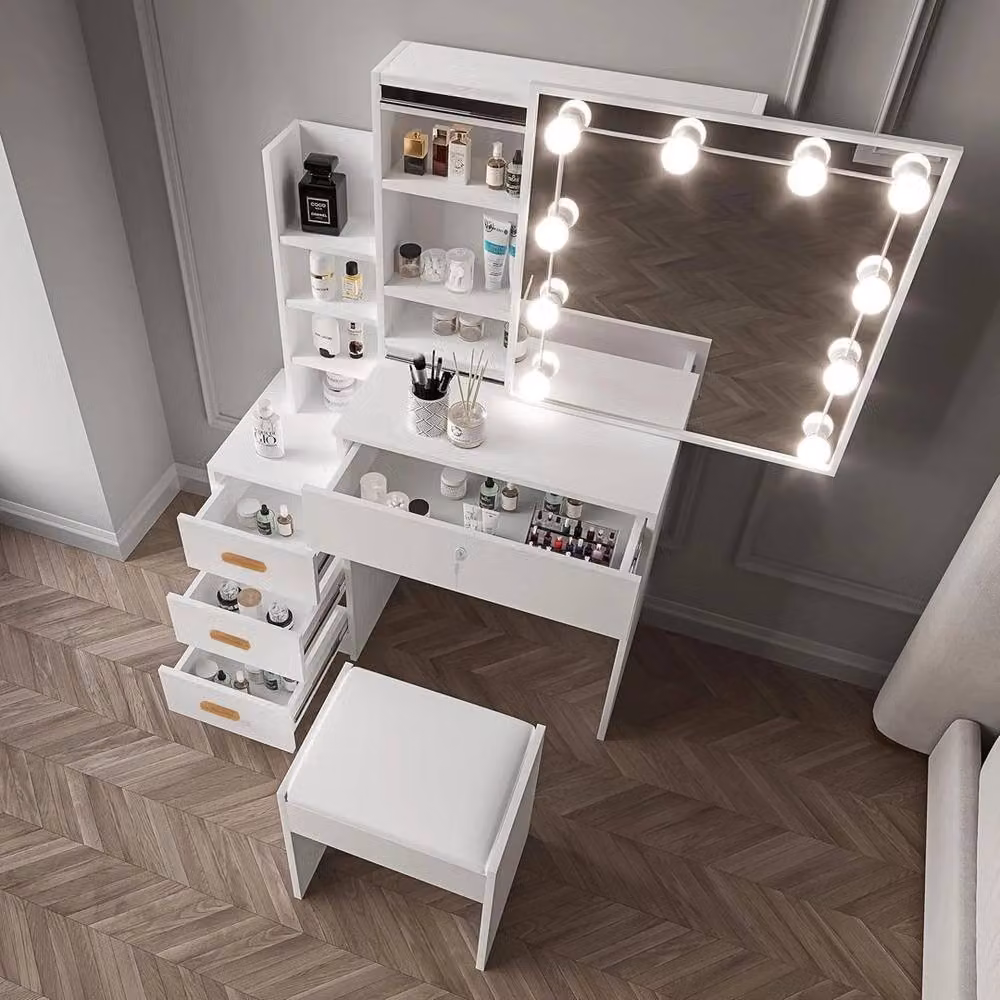 FORGEVIO Modern White Dressing Table Set with Hollywood LED Mirror and Stool – 4