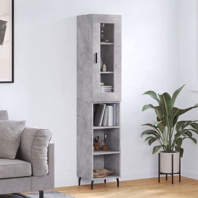 Berkfield Home Highboard in Concrete Grey with Glass Doors, H 180 x W 34.5 x D 34 cm