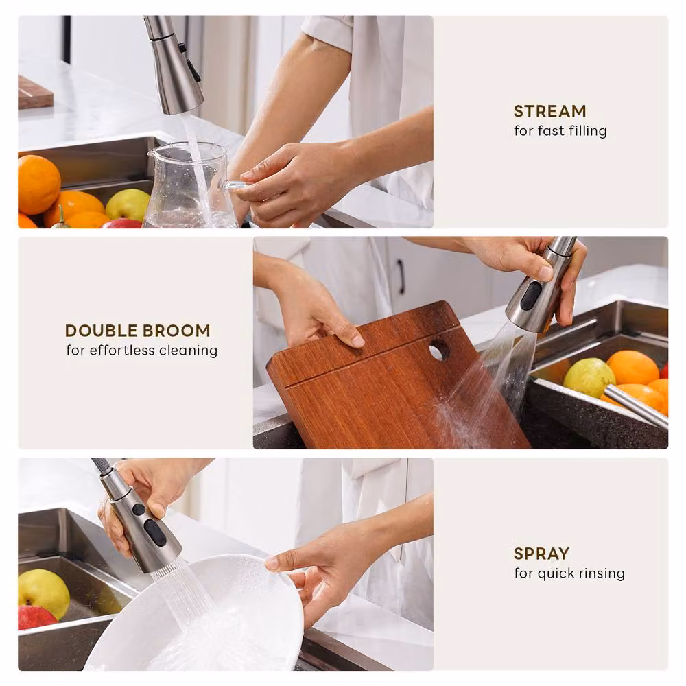 YUHUBY Brushed Stainless Steel 2-Hole Kitchen Mixer Tap with 3-Mode Sprayer in Silver – 3