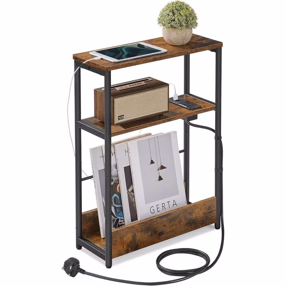 The Bazaarist Slim Nightstand with Charging Station and Magazine Rack in Brown and Black – 2