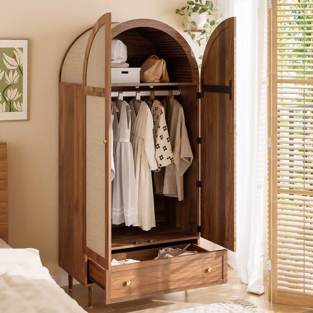 Merax Arched Retro Wardrobe in Brown with Fabric Doors and Drawer, H 175 x W 79 x D 50 cm – 3
