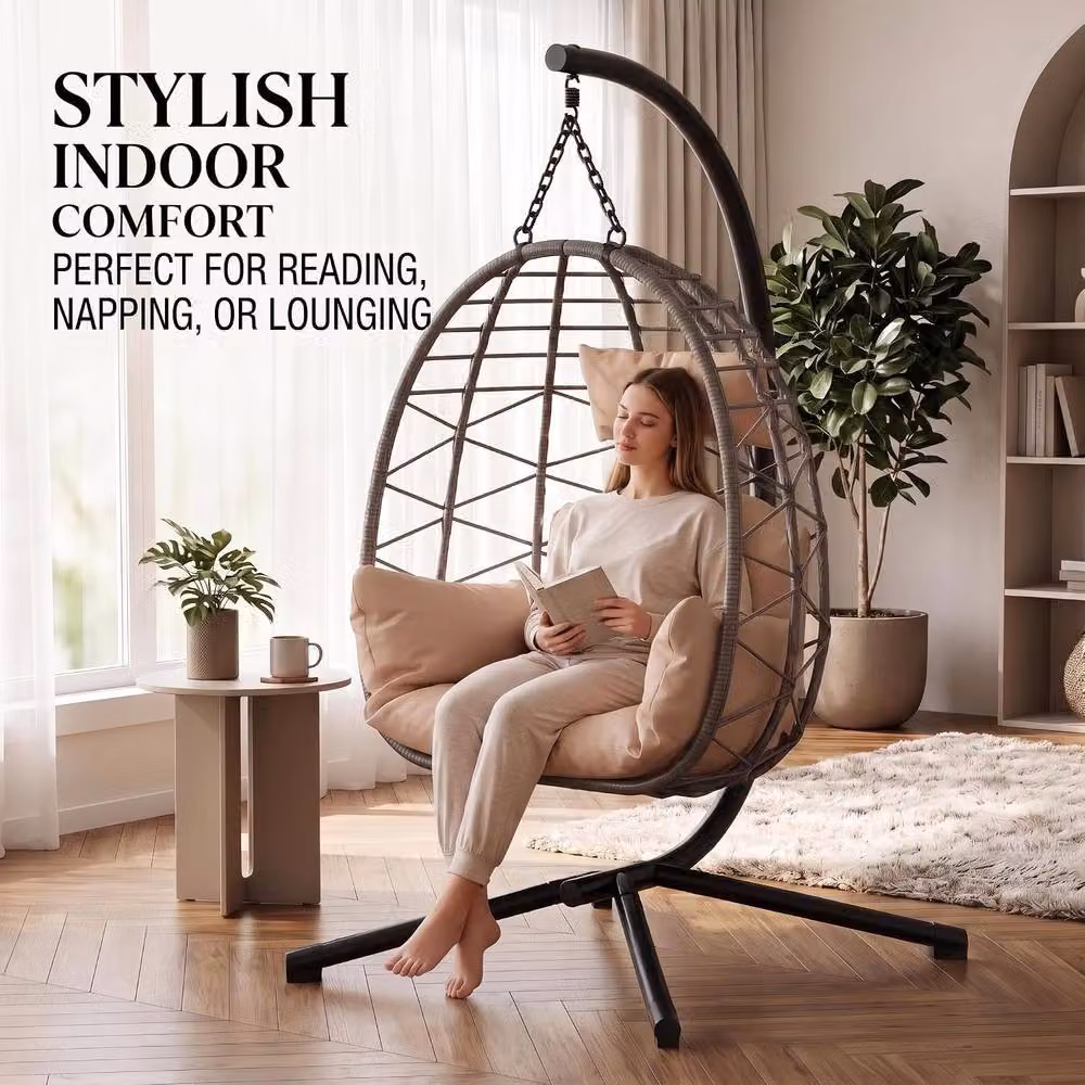 London Boutique Hanging Egg Chair with Stand, Cushions and Rain Cover in Beige – 6