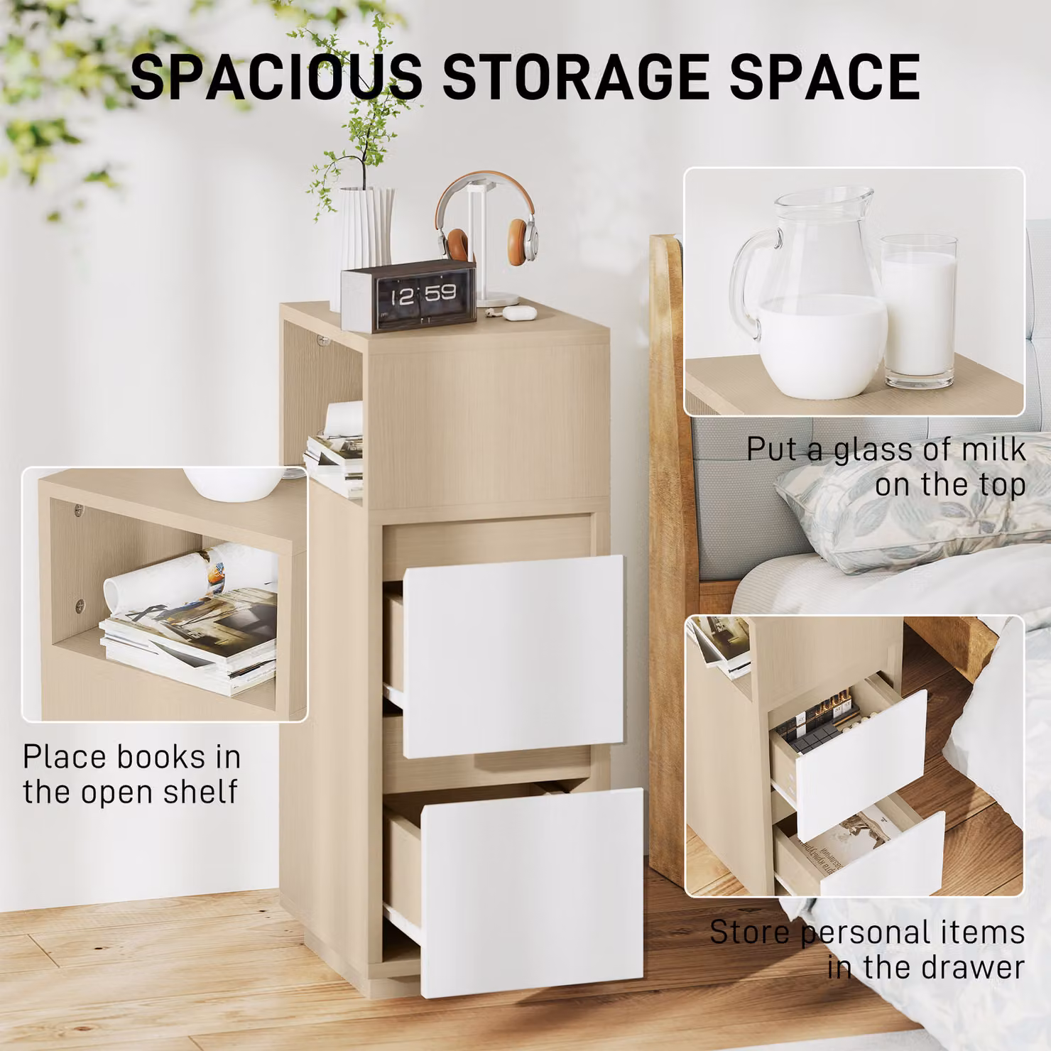 HOMCOM Slim Bedside Table with Open Shelf and 2 Drawers, Brown Wood Finish, W/D/H: 25 x 30 x 65 cm – 3