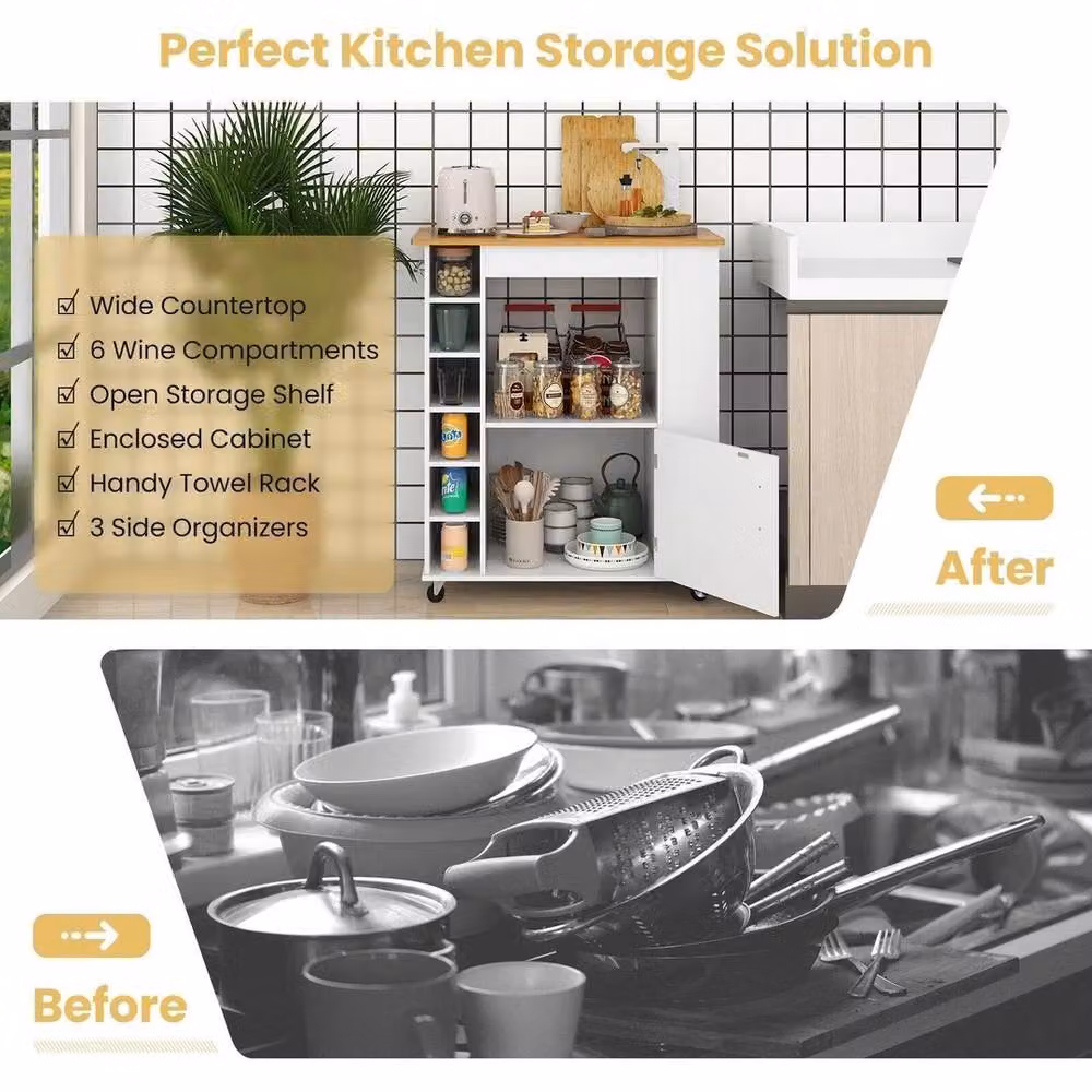 Kelvenix White Kitchen Island Wheeled Storage Cabinet with Bamboo Wood Accents and Bottle Rack – 3