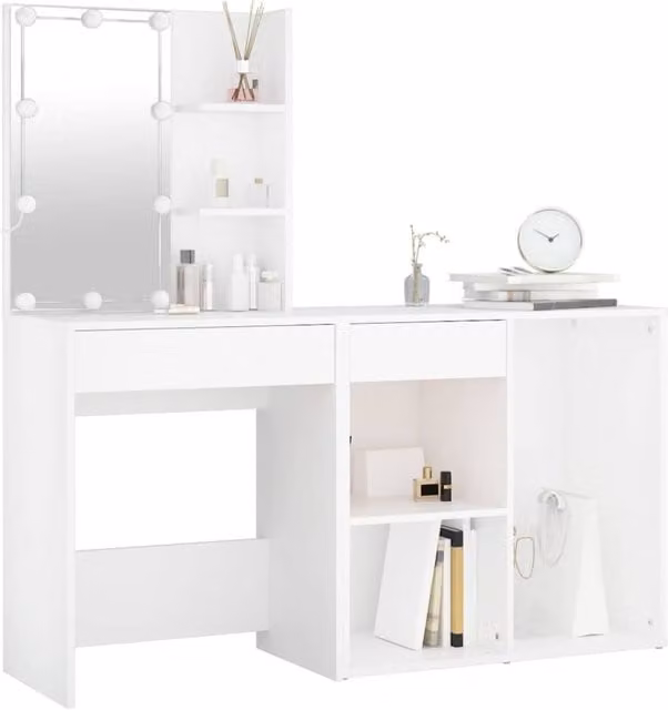 Berkfield Home LED Dressing Table with Cabinet in White Glossy MDF