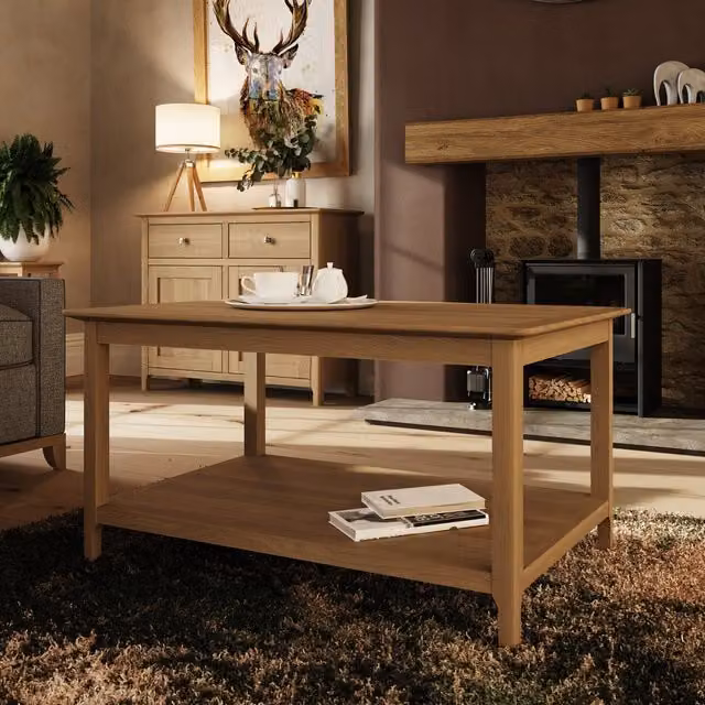 FWStyle Large Rectangular Coffee Table with Oak Veneer Top and Storage Shelf in Natural Oak/Brown, W: 90 cm