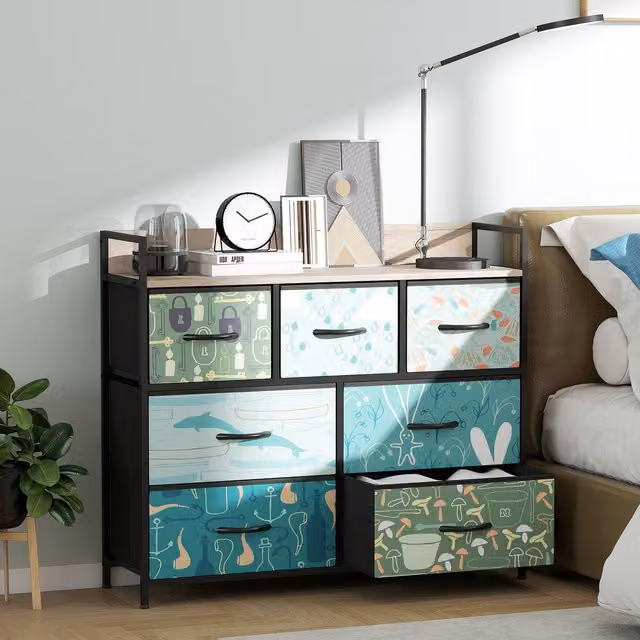 HOMCOM Blue Abstract Modern Fabric Chest of Drawers for Bedroom and Living Room, Height: 85 cm