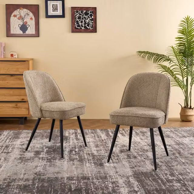 SONARA Set of 2 Modern Bouclé Fabric Dining Chairs with Metal Legs in Khaki – 1