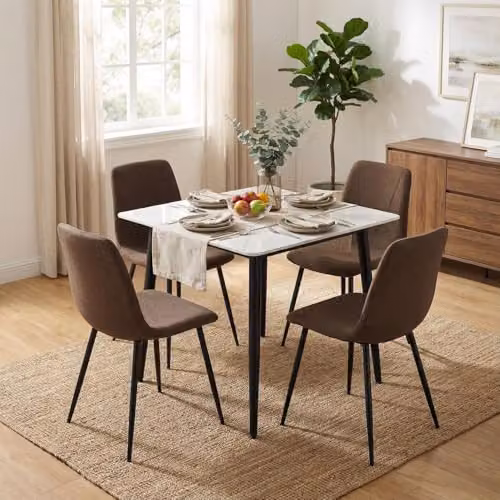 FWStyle Evie Set of 2 Brown Linen Upholstered Dining Chairs with Black Metal Legs – 6