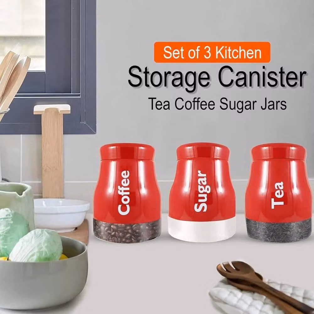 FLAVORA Set of 3 Red Glass Kitchen Storage Canisters for Tea, Coffee and Sugar – 3