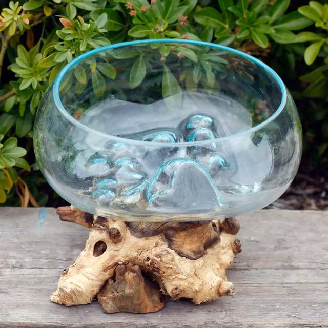 KDMK Large Organic Molten Glass and Wood Open Bowl in Brown and Transparent