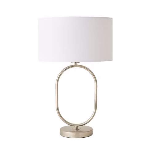 ValueLights Antonia White Fabric Drum Oval Table Lamp with Brushed Chrome Base and LED Bulb
