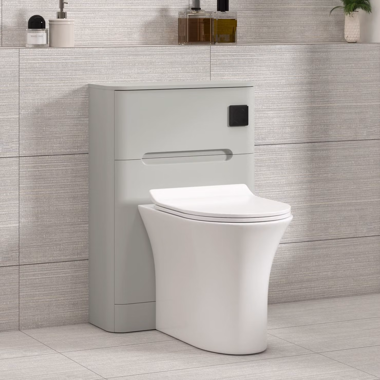 Royal Bathrooms Venice Dove Grey Wall Mounted WC Unit with Breeze Rimless Ceramic Toilet Pan, Slim Soft Close Seat and Cistern, Width: 55 cm
