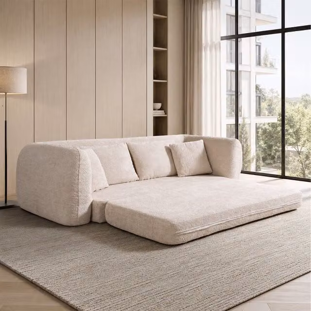 MIMO Beige Pull-Out Loveseat Sofa Bed with Lamb Fleece Fabric and 30D Foam
