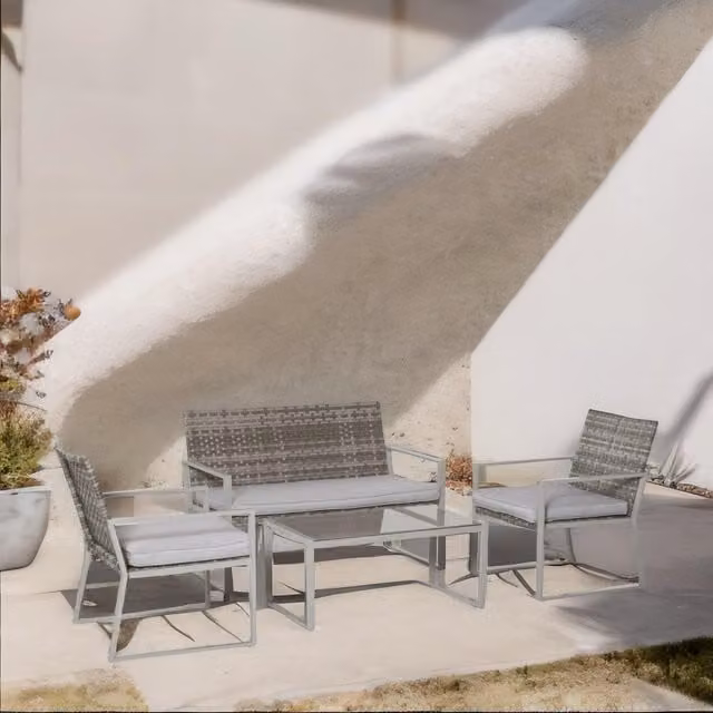 FURNOS Modern Grey Rattan Garden Furniture Set with Upholstered Cushions, 2-Seater Sofa, Armchair and Coffee Table