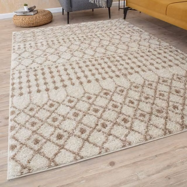 THE RUGS Moroccan Soft High Pile Shaggy Tribal Square Rug in Ivory, W x D: 120 x 120 cm