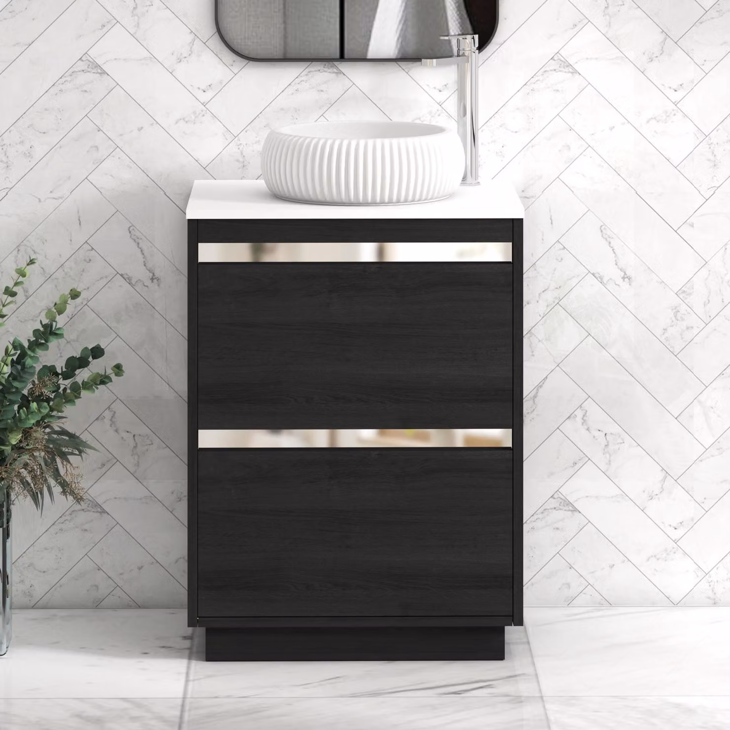 Royal Bathrooms Orion 600mm Hale Black Floor Standing 2 Drawer Vanity Unit with Milan Basin and Chrome Accent Trim in Plain White