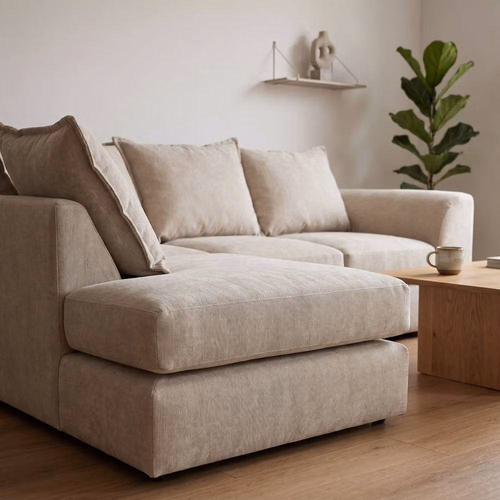 Abakus Direct Dexter Relaxed Linen Left Facing Corner Sofa with Plush Chaise in Light Grey – 2