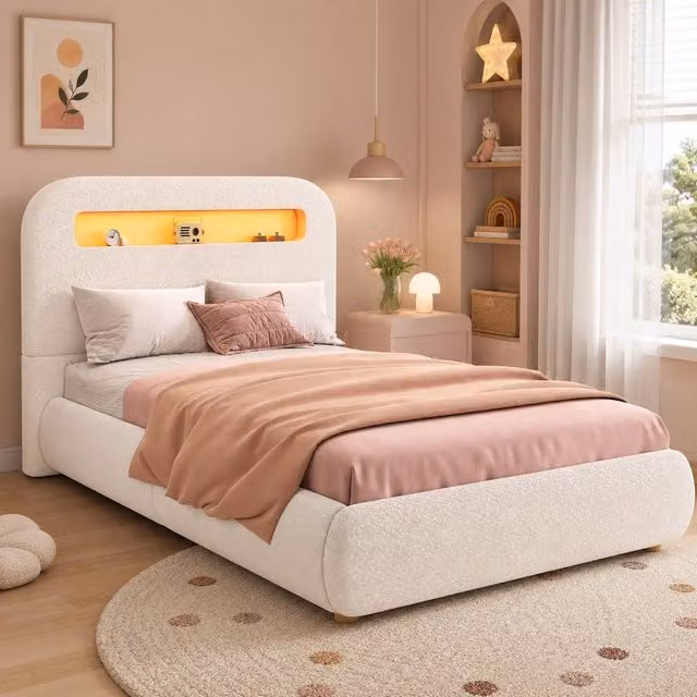 STILVORA Single Upholstered Bouclé Bed Frame with Hydraulic Lift-Up Storage in White