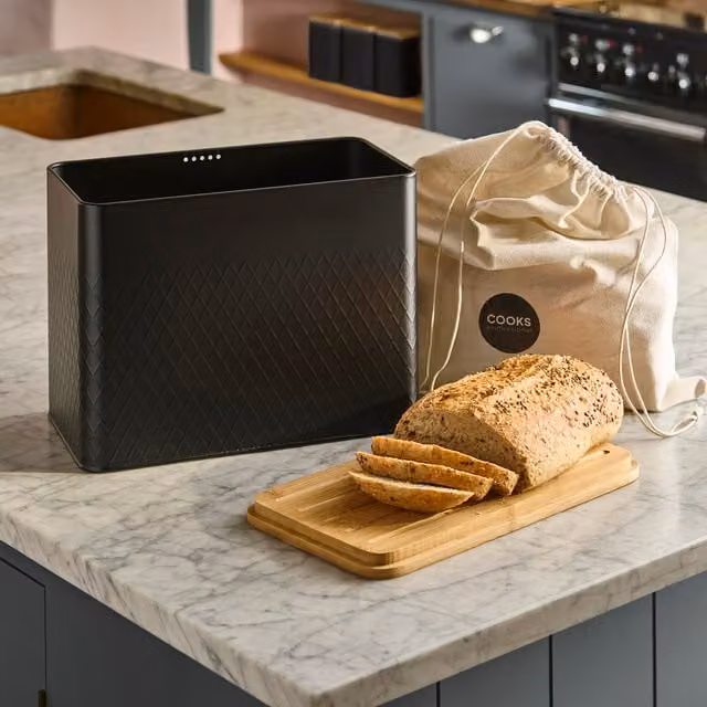 Cooks Professional Black Diamond Pattern Bread Bin with Linen Bag and Bamboo Cutting Board Lid