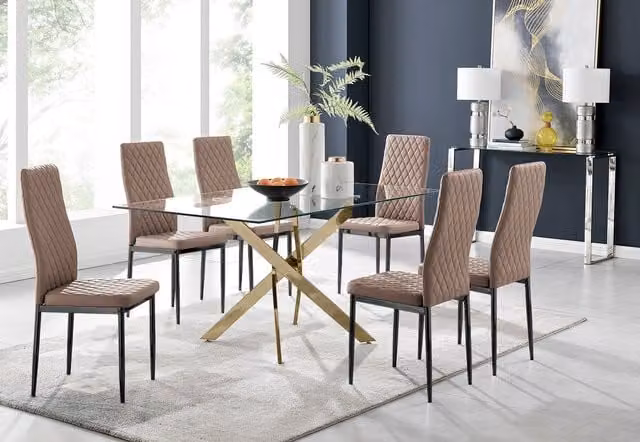 FurnitureboxUK Leonardo Dining Table and 6 Milan Chairs in Cappuccino with Black Legs
