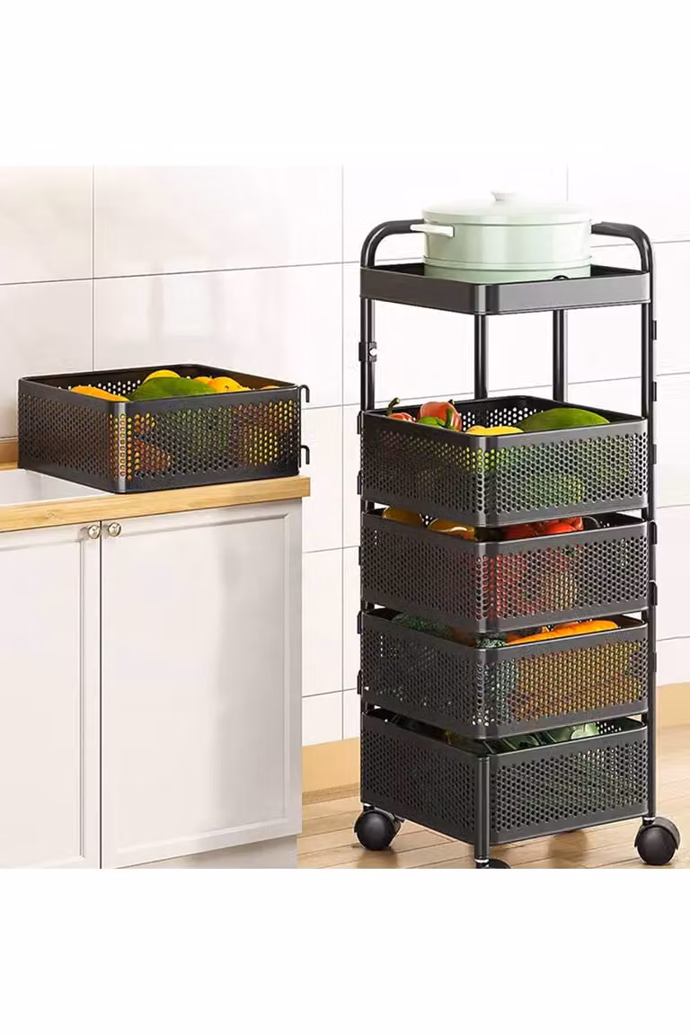 Living and Home 6-Tier Rotating Metal Storage Rack Trolley Cart in Matt Black