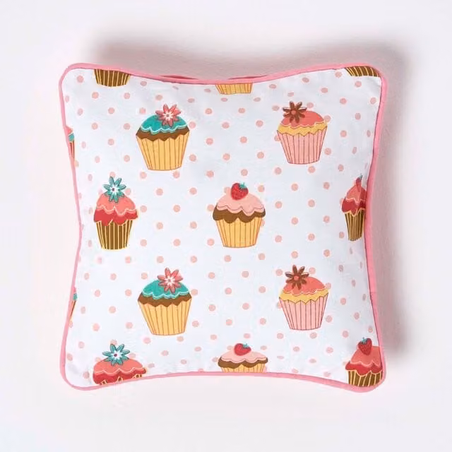Homescapes Cotton Cup Cakes Cushion Cover, Pink and White, W/D/H: 30 x 30 x 30 cm